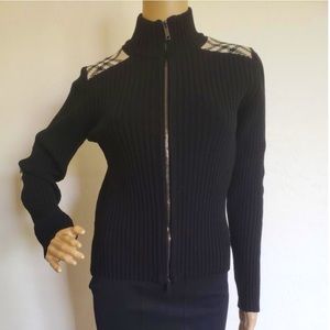 Burberry Merino Wool Turtleneck Zip Up Sweater Cardigan Nova Check Elbow Patch
